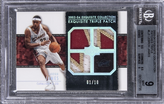 2003-04 UD "Exquisite Collection" Triple Patch #LJ1 LeBron James Game Used Patch Rookie Card (#01/10) – BGS MINT 9